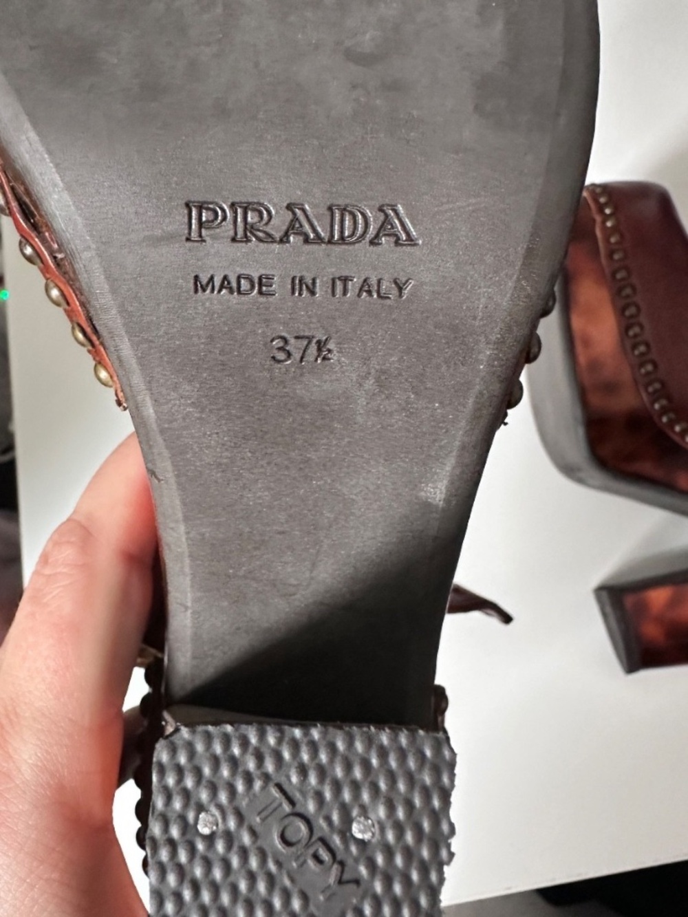 Prada Women's Platform Studded Leather Heels Sandals Turtle Size 37/5 - Picture 6 of 7
